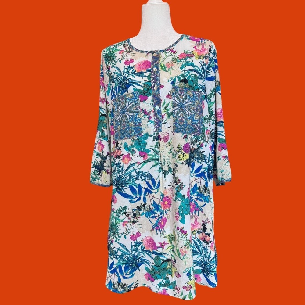 Fig and Flower Tunic Top Womens XL Floral Paisley Boho Blue Pink Green EXCELLENT